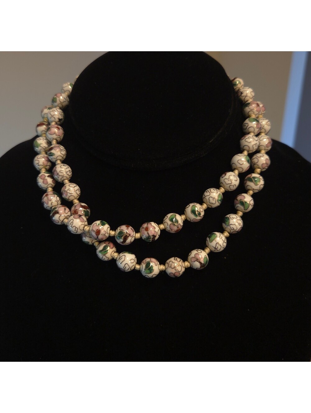 Vintage White 32" Knotted 9.5mm Cloisonnรฉ Bead Necklace